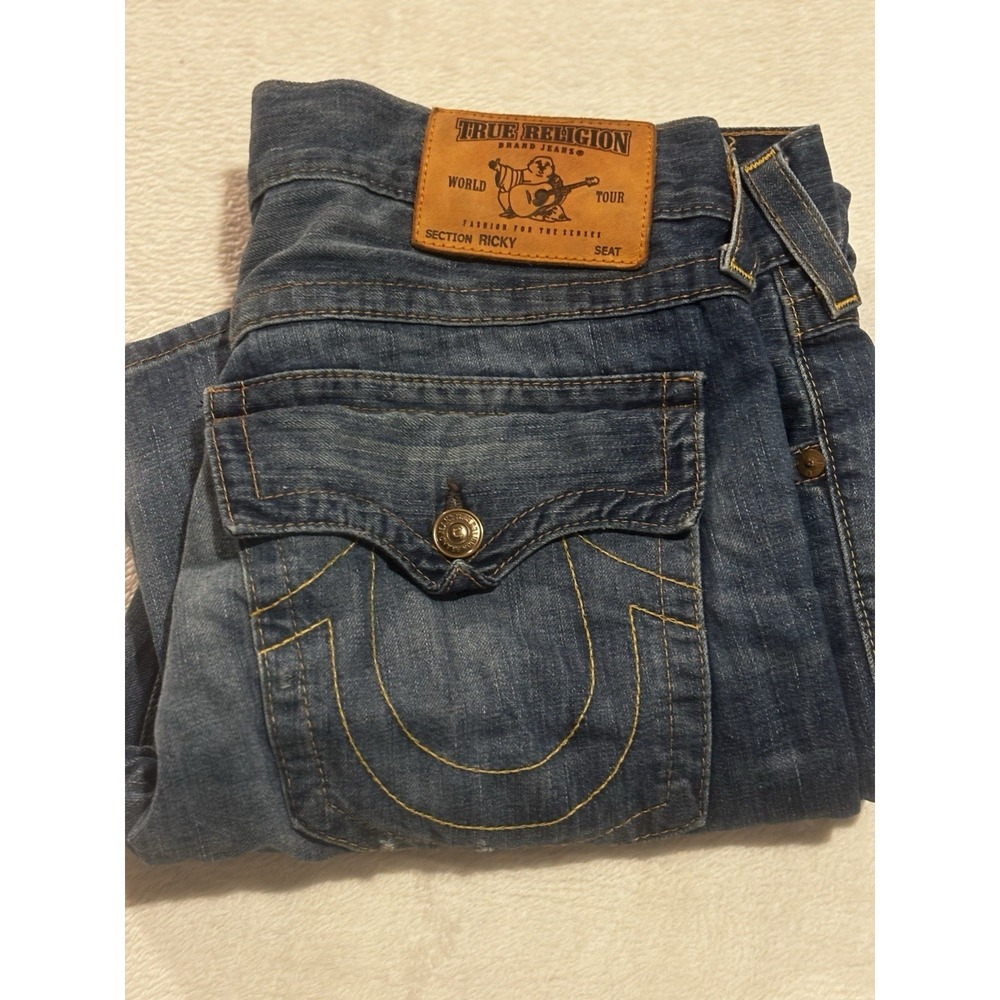 True Religion Ricky Jeans Mens 36x33 Blue Straight Leg‎ Made USA Flap Pocket